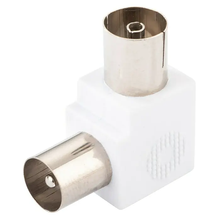 Schwaiger Winkeladapter - IEC-Stecker, IEC-Buchse, 90 ° gewinkelt - Eine Nahaufnahme eines weißen rechtwinkligen Antennenadapters mit zwei runden Metallanschlüssen auf schwarzem Hintergrund.