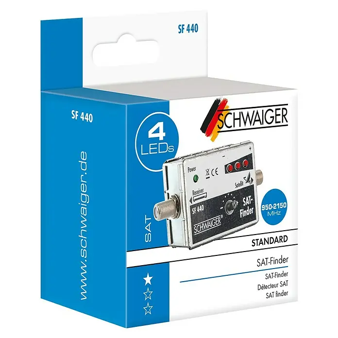 Schwaiger SAT-Finder 3+1 LED - F-Buchse, 950 - 2.150 MHz - Abbildung der Verpackung eines Sat-Finders SF 440 von Schwaiger mit LED-Anzeige und Frequenzbereich 950-2150 MHz für die Satellitensuche.