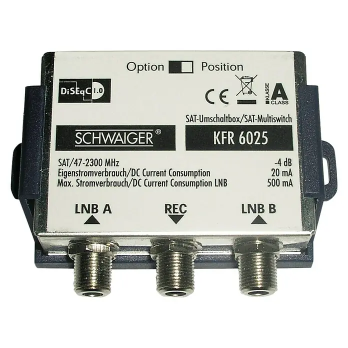 Schwaiger SAT-Umschaltbox - DiSEqC 1.0, 47 - 2.300 MHz, 4 dB - Bild eines Sat-Multischalters KFR 6025 der Marke Schwaiger, ein Gerät zum Umschalten zwischen Satellitensignalen für optimalen Empfang.
