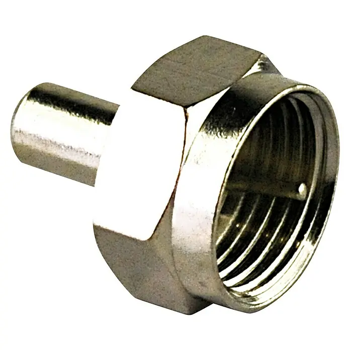 Schwaiger F-Abschlusswiderstand - F-Stecker, 75 Ω - Nahaufnahme eines silbernen F-Steckers, einem Koaxialkabel-Verbinder mit Gewinde, ideal für TV- und Satellitenanschlüsse.