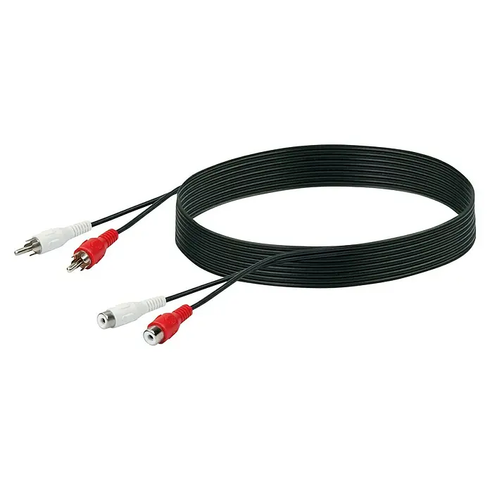 Schwaiger Stereo-Audioverlängerung - 5 m, 2 x Cinch-Kupplung, 2 x Cinch-Stecker - Nahaufnahme eines schwarzen Cinch-Kabels mit rot-weißen Steckern und Buchsen, das für Audio- oder Videoübertragungen verwendet wird.