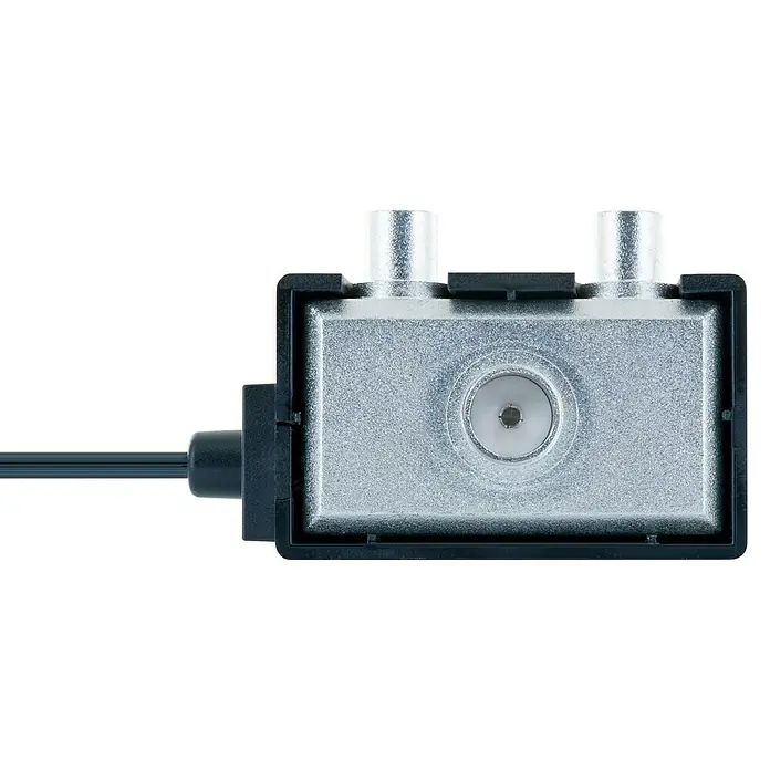 Schwaiger Zwei-Geräteverstärker - 47 - 862 MHz, 2 x 8 dB, Kabellänge: 1,5 m - Ein TV-Antennenverstärker mit einem Koaxialanschluss und zwei Antennenanschlüssen, ideal für den Empfang von Fernsehsignalen.