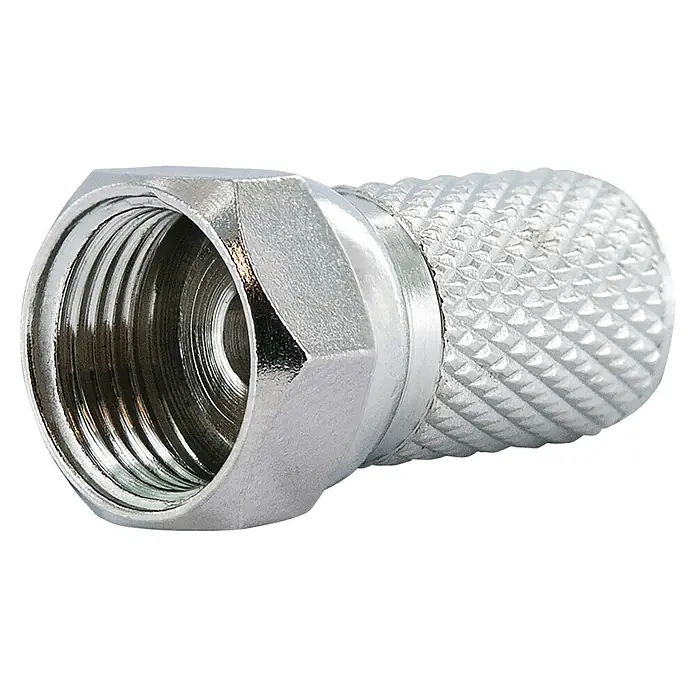 Schwaiger Montage-Set - 1 x Abisolierer, 1 x Aufdrehhilfe, 1 x Kabelaufdrehhilfe, 10 x F-Stecker - Nahaufnahme eines silbernen F-Steckers, der für Koaxialkabel verwendet wird, mit einem strukturierten Griff zur einfachen Installation.
