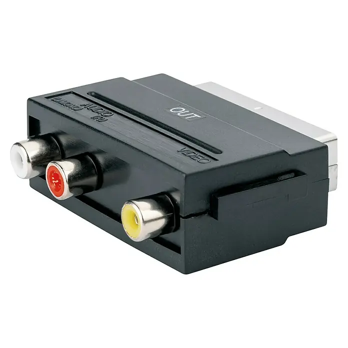 Schwaiger Video-AV-Adapter OUT - 1 x Scart-Stecker, 3 x Cinch-Kupplung - Detailaufnahme eines SCART-auf-Cinch-Adapters, der Audio- und Videosignale konvertiert, um ältere Geräte anzuschließen.