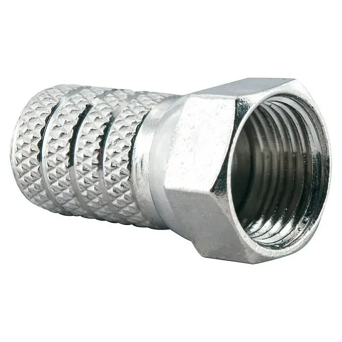 Schwaiger F-Stecker-Set Standard - 4 mm, 2 Stk. - Nahaufnahme eines F-Steckers aus Metall für Koaxialkabel, der durch sein Gewinde und seine gerändelte Oberfläche auffällt.