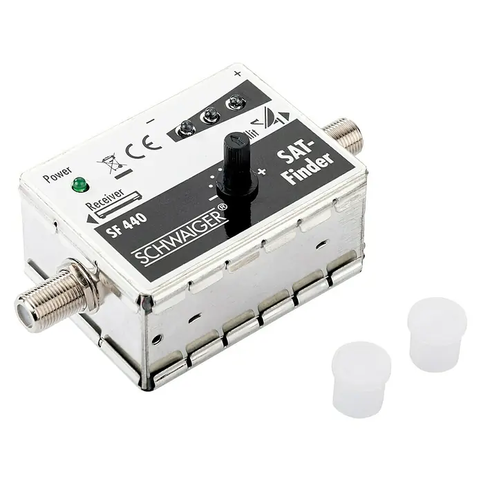 Schwaiger SAT-Finder 3+1 LED - F-Buchse, 950 - 2.150 MHz - Nahaufnahme eines SAT-Finders SF 440 von SCHWAIGER, einem Gerät zum Ausrichten von Satellitenantennen, mit Zubehör.