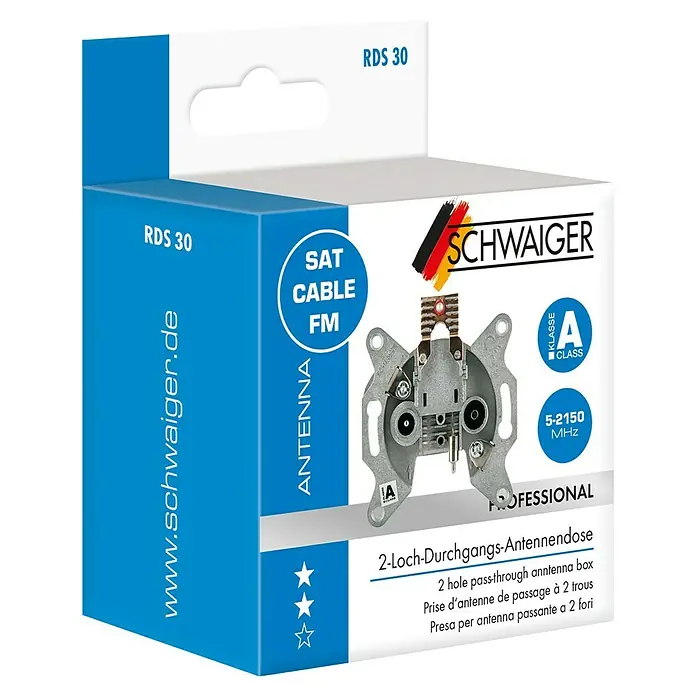 Schwaiger Antennendosen-Einsatz - 2-fach, 8 dB - Produktverpackung für eine Schwaiger 2-Loch-Durchgangs-Antennendose RDS 30, ideal für SAT-, Kabel- und FM-Antennen.