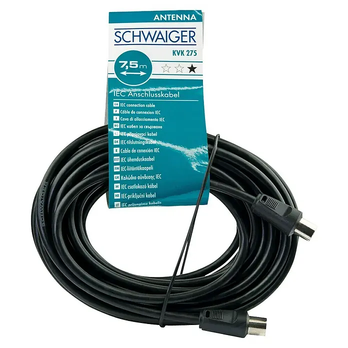 Schwaiger Koaxialkabel - 7,5 m, Schwarz, Schirmungsmaß: 75 dB - Produktbild eines schwarzen 7,5 m langen SCHWAIGER IEC Anschlusskabels KVK 275 für Antennenanschluss mit IEC-Steckern an beiden Enden.
