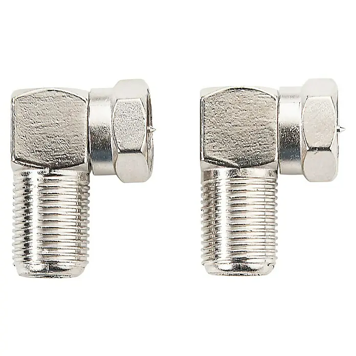 Schwaiger Winkeladapter - F-Stecker, 90 ° gewinkelt, Geeignet für: Koax-Kabel - Nahaufnahme von zwei rechtwinkligen Koaxialkabelverbindern, glänzend silberfarben, auf schwarzem Hintergrund.