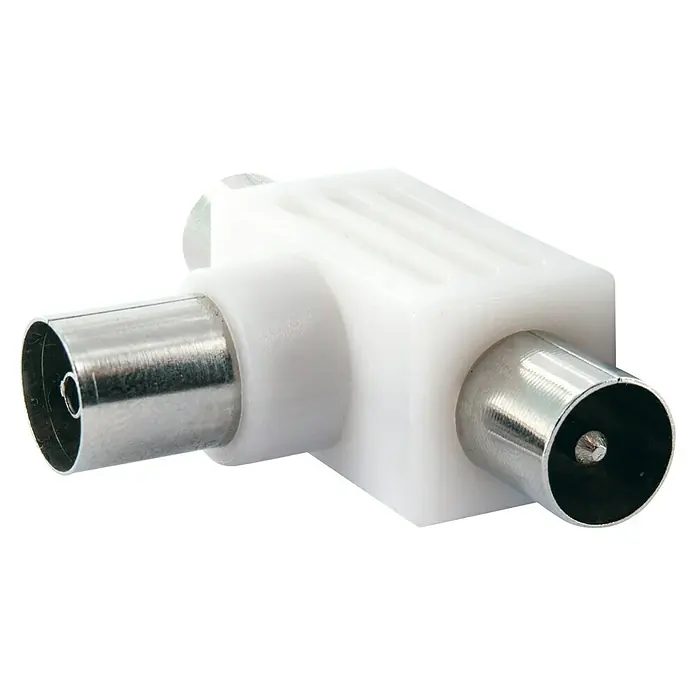 Schwaiger Aufsteckverteiler TV - 2-fach, 1 x IEC Buchse, 2 x IEC Stecker, 5 - 1.000 MHz - Ein weißer Antennenstecker-Verteiler für den Anschluss von Antennenkabeln, mit zwei Buchsen und einem Stecker.