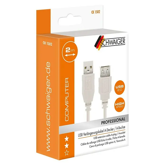 Schwaiger USB-Verlängerungskabel 2.0 - Länge: 2 m, USB-A-Buchse, Hellgrau - Das Bild zeigt die Verpackung eines weißen 2m USB 2.0 Verlängerungskabels von SCHWAIGER, ideal für Computeranwendungen.