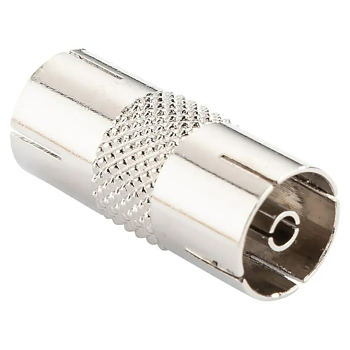 Schwaiger Koax-Verbinder - 2 x IEC-Buchse, Metall, Vernickelt - Bild eines F-Steckers, einem Koaxialkabelverbinder, der in der Audio- und Videotechnik für Kabelverbindungen verwendet wird.