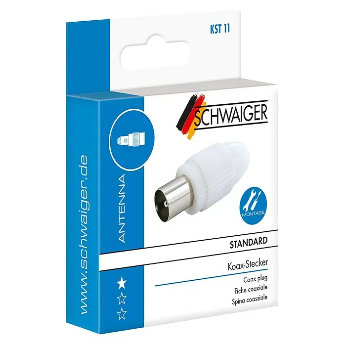 Schwaiger Koax-Stecker - IEC-Stecker, Kunststoff, Schraubbare Innenleiter, 1 Stk. - Produktverpackung eines weißen Koax-Steckers der Marke Schwaiger, Modell KST 11, für Antennenanschlüsse. Standardausführung mit Montagehinweis.