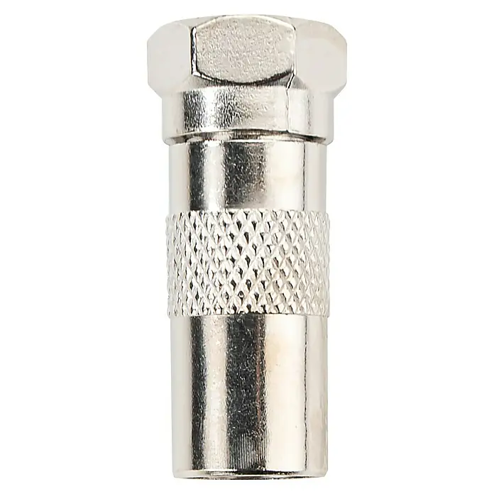Schwaiger Koax-Adapter - F-Stecker, IEC-Stecker, 1 Stk. - Nahaufnahme eines F-Steckers, der für Koaxialkabel verwendet wird, mit einem gerändelten Gehäuse für besseren Halt und einfacherer Installation.