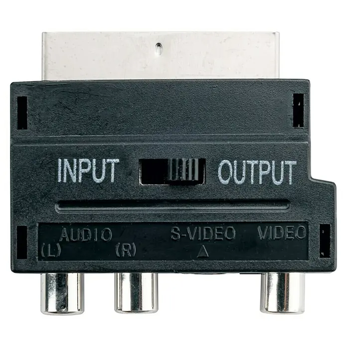Schwaiger Videoadapter - 3 x Cinch-Kupplung, 1 x Scart-Stecker, 1 x S-Video-Kupplung - Das Bild zeigt einen SCART-auf-Cinch-Adapter mit Input/Output-Umschalter und Anschlüssen für Audio, S-Video und Video.