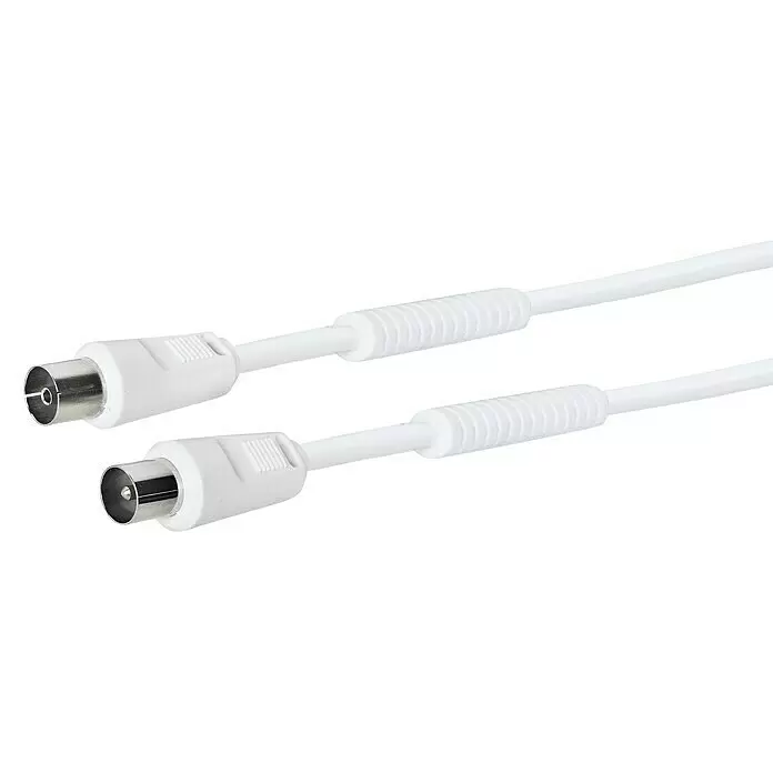 Schwaiger Antennen-Anschlusskabel - 10 m, Weiß, 90 dB - Zwei weiße Koaxialkabel mit silbernen männlichen Antennensteckern und weißen Kunststoffgehäusen.
