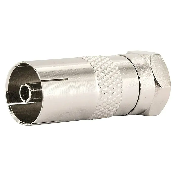 Schwaiger Adapter - F-Stecker, IEC-Buchse, 1 Stk. - Nahaufnahme eines F-Steckers, der für den Anschluss von Koaxialkabeln verwendet wird, um ein klares Signal zu gewährleisten.