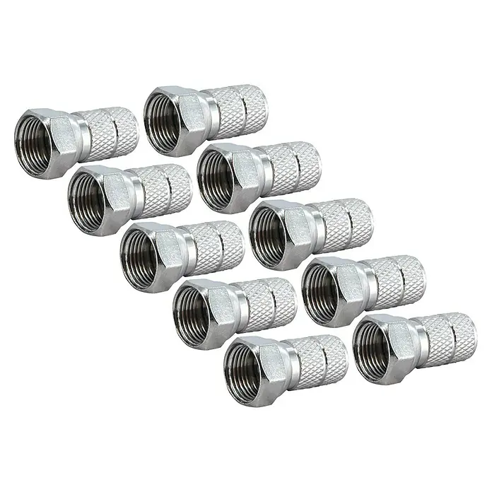 Schwaiger F-Stecker-Set Standard - 6,5 mm, 10 Stk. - Bild einer Gruppe von F-Steckern, die für Koaxialkabelanschlüsse verwendet werden, auf einem schwarzen Hintergrund.