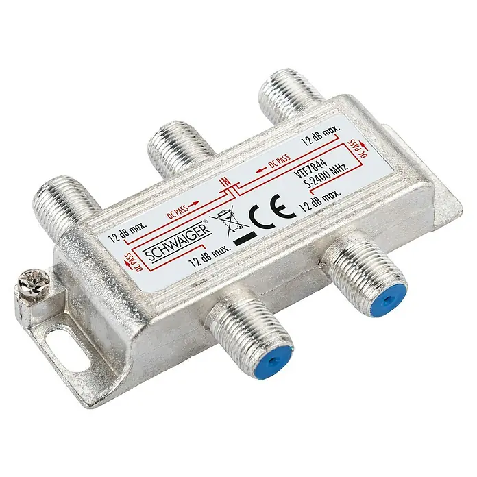 Schwaiger Verteiler - 4-fach, F-Buchse, 5 - 2.400 MHz, 12 dB - Nahaufnahme eines SCHWAIGER VTF7844 Antennenverteilers, der Frequenzen von 5-2400 MHz unterstützt und maximal 12 dB Dämpfung aufweist.