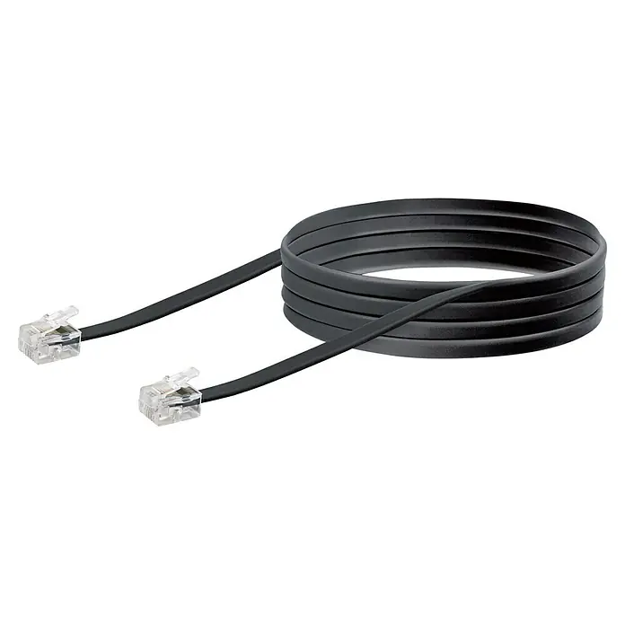 Schwaiger Telefonkabel - RJ11-Stecker, 6 m - Ein schwarzes, flaches Ethernet-Kabel mit durchsichtigen RJ45-Steckern an beiden Enden, zusammengerollt dargestellt.