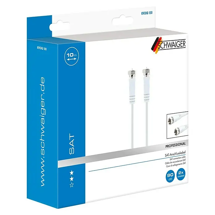 Schwaiger SAT-Anschlusskabel - 10 m, Weiß, 90 dB, 2-fach geschirmt - Verpackung eines weißen SAT-Anschlusskabels von Schwaiger, 10 Meter lang, mit den Endstücken und Produktinformationen auf der Box.
