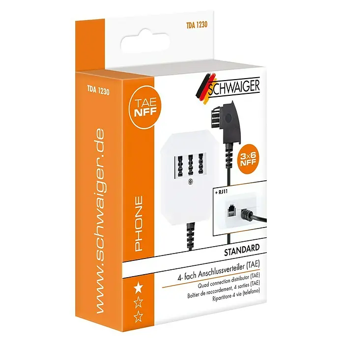 Schwaiger Telefon-Anschlussverteiler TAE - 4-fach, 0,2 m - Produktverpackung für einen TAE-Anschlussverteiler von Schwaiger.