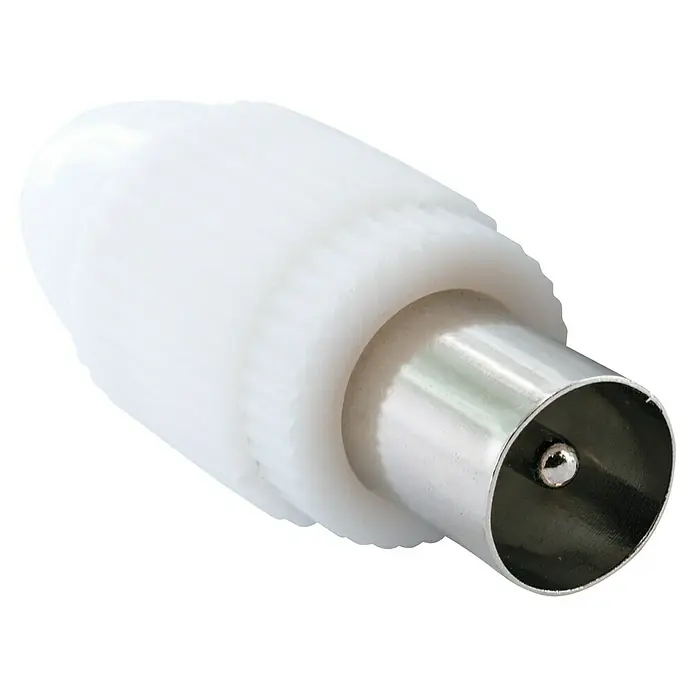 Schwaiger Koax-Stecker - IEC-Stecker, Kunststoff, Schraubbare Innenleiter, 1 Stk. - Nahaufnahme eines weißen Koaxialkabelsteckers, der für eine zuverlässige Verbindung sorgt.