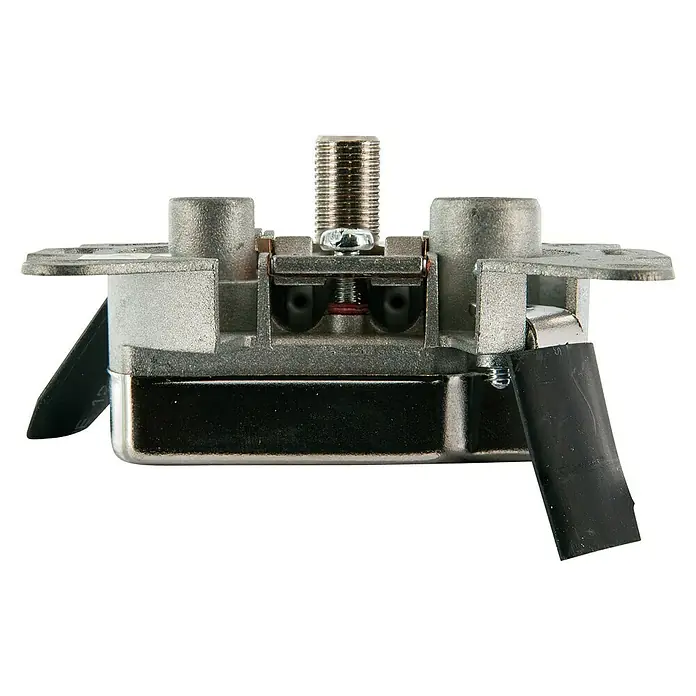 Schwaiger SAT-Antennendosen-Einsatz Einzel- oder Stichleitungsdose - 3-fach, 2,5 dB - 5,5 dB - Nahaufnahme einer Antennensteckdose mit Schraubanschluss und zwei seitlichen Anschlüssen zur Wandmontage.