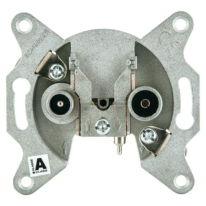Schwaiger Antennendosen-Einsatz - 2-fach, 8 dB - Antennenverteiler aus Metall mit Anschlüssen und Schrauben. Das Gerät ist mit "Klasse A" gekennzeichnet.
