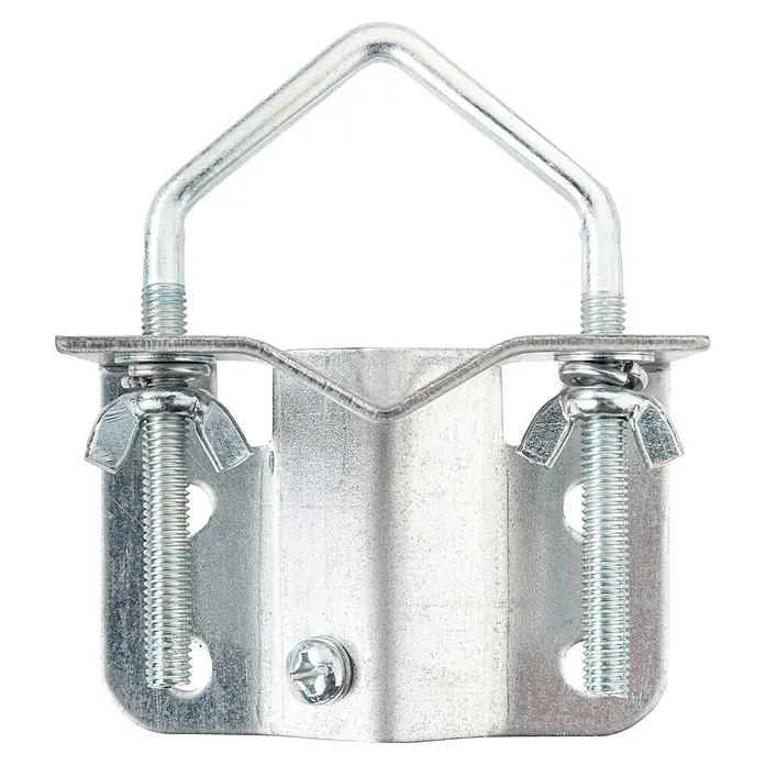 Schwaiger Mastfuß - Eisen, Chromatiert, Standrohre bis Ø 60 mm Außendurchmesser - Produktbild einer verzinkten Rohrschelle mit U-Bügel, ideal zur Befestigung von Rohren und Antennen. Die Schelle ist robust und einfach zu montieren.