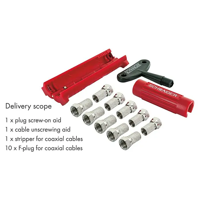 Schwaiger Montage-Set - 1 x Abisolierer, 1 x Aufdrehhilfe, 1 x Kabelaufdrehhilfe, 10 x F-Stecker - Das Bild zeigt ein Koaxialkabel-Montageset von SCHWAIGER, inklusive F-Steckern und Werkzeugen zur Kabelbearbeitung.