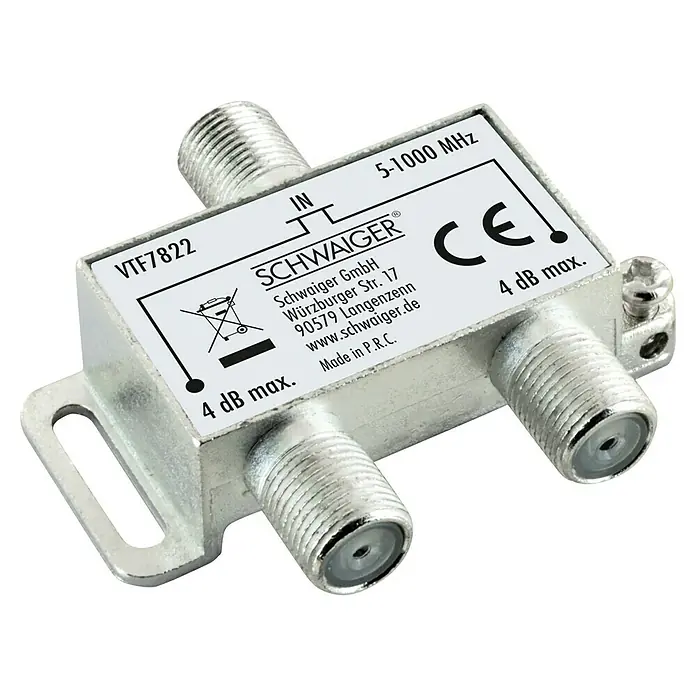 Schwaiger Verteiler - 2-fach, F-Buchse, 5 - 1.000 MHz, 4 dB - Ein Schwaiger VTF7822 Antennenverteiler mit einer Bandbreite von 5-1000 MHz und einer maximalen Dämpfung von 4 dB.