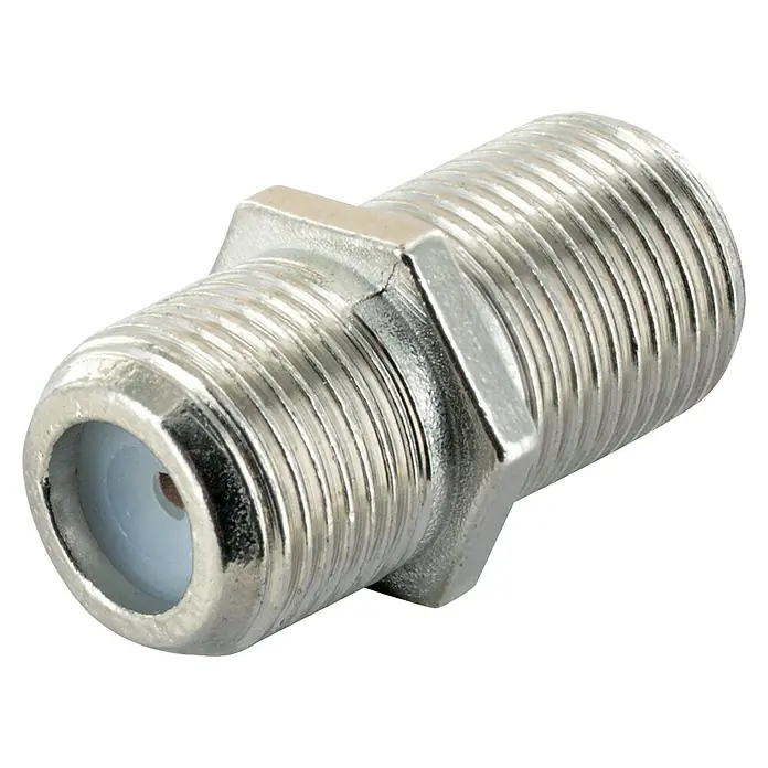 Schwaiger Verbinder - F-Buchse, 2 Stk. - Nahaufnahme eines F-Stecker-Verbinders aus Metall, der für Koaxialkabel verwendet wird, um ein klares Signal zu gewährleisten.