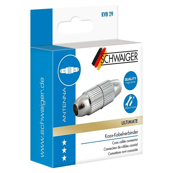 Schwaiger Koax-Kabelverbinder HQ - Schraubbare Innenleiter, Silber, Metall, 1 Stk. - Produktverpackung für einen Koax-Kabelverbinder von Schwaiger, ideal für Antenneninstallationen mit hochwertiger Qualität und einfacher Montage.