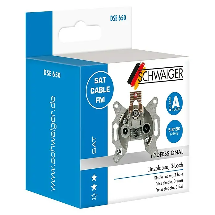 Schwaiger SAT-Antennendosen-Einsatz Einzel- oder Stichleitungsdose - 3-fach, 2,5 dB - 5,5 dB - Abbildung einer DSE 650 Antennensteckdose von Schwaiger mit Single-Anschluss für Kabel- und Satellitenfernsehen in Profi-Qualität.