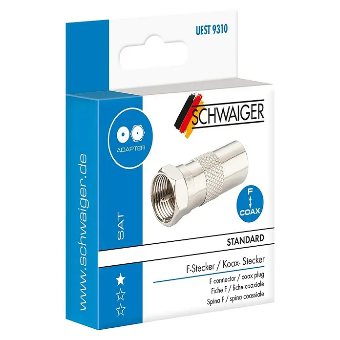 Schwaiger Koax-Adapter - F-Stecker, IEC-Stecker, 1 Stk. - Abbildung einer Verpackung eines Koaxial-Steckers der Marke Schwaiger, ein Standard F-Stecker für Koaxialkabelverbindungen.