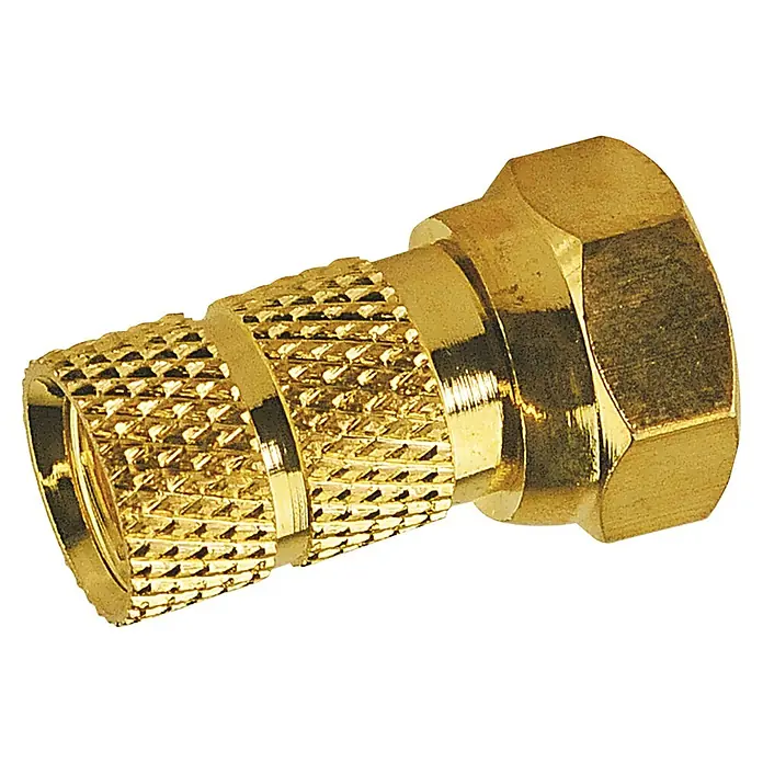 Schwaiger F-Stecker Professional - Durchmesser: 6,5 mm, Vergoldet, 1 Stk. - Nahaufnahme eines goldenen F-Steckers, der für Koaxialkabel verwendet wird, mit einem strukturierten Griff und einer sechseckigen Mutter.