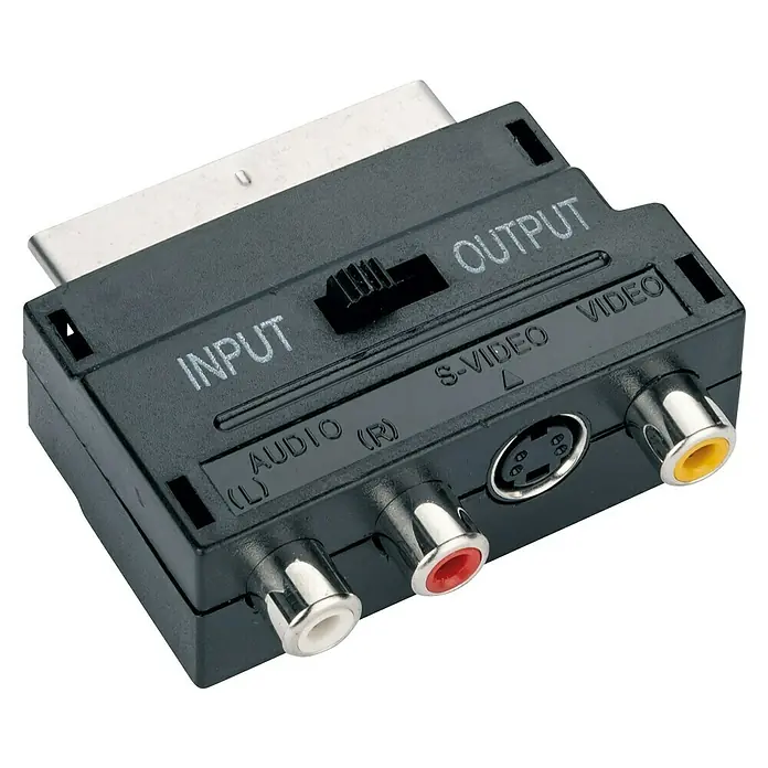 Schwaiger Videoadapter - 3 x Cinch-Kupplung, 1 x Scart-Stecker, 1 x S-Video-Kupplung - Abbildung eines SCART-Adapters mit Ein- und Ausgängen für Audio und Video, inklusive S-Video, zur flexiblen Verbindung verschiedener Geräte.