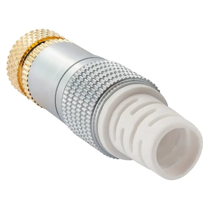 Schwaiger F-Stecker HQ - Vergoldete Kontakte, Durchmesser: 7 mm, Kabelführung, 2 Stk. - Nahaufnahme eines XLR-Steckers mit goldfarbenem Rand und weißer Gummitülle auf schwarzem Hintergrund.