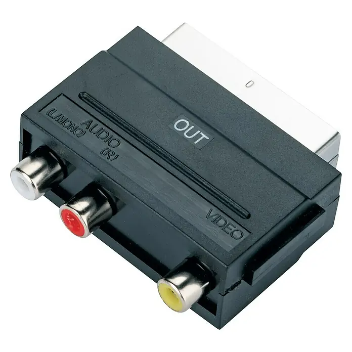 Schwaiger Video-AV-Adapter OUT - 1 x Scart-Stecker, 3 x Cinch-Kupplung - Nahaufnahme eines SCART-auf-Cinch-Adapters für Audio- und Videoausgabe, der Kompatibilität mit älteren Geräten ermöglicht.