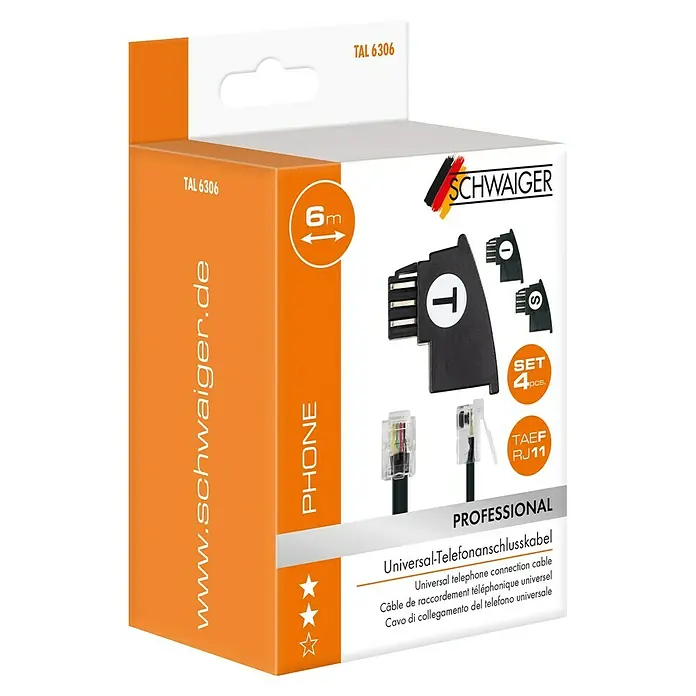 Schwaiger Telefon-Anschluss-Set - TAE-F-Stecker, Kabellänge: 6 m - Produktverpackung für ein 6m langes Universal-Telefonanschlusskabel von Schwaiger mit TAEF RJ11 Stecker im 4er Set.