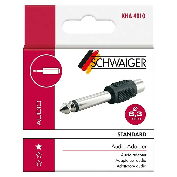 Schwaiger Audio-Adapter - Klinkenstecker 6,3 mm, Cinch-Kupplung - Produktverpackung eines 6,3-mm-Audioadapters von SCHWAIGER, ideal für hochwertige Audioverbindungen und vielseitige Anwendungen.