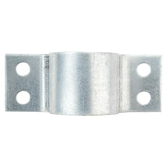 Schwaiger Mastbefestigungsschelle - Passend für: Rohre bis Ø 42 mm, Stahl, Verzinkt - Nahaufnahme einer galvanisierten Rohrschelle mit Befestigungslöchern, ideal für sichere Rohrverbindungen im Anlagenbau.