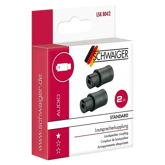 Schwaiger Lautsprecherkupplung - 2 Stk. - Produktverpackung der Schwaiger Lautsprecherkupplung Standard, 2 Stück. Hochwertige Audio-Verbindung für klare Klangqualität.