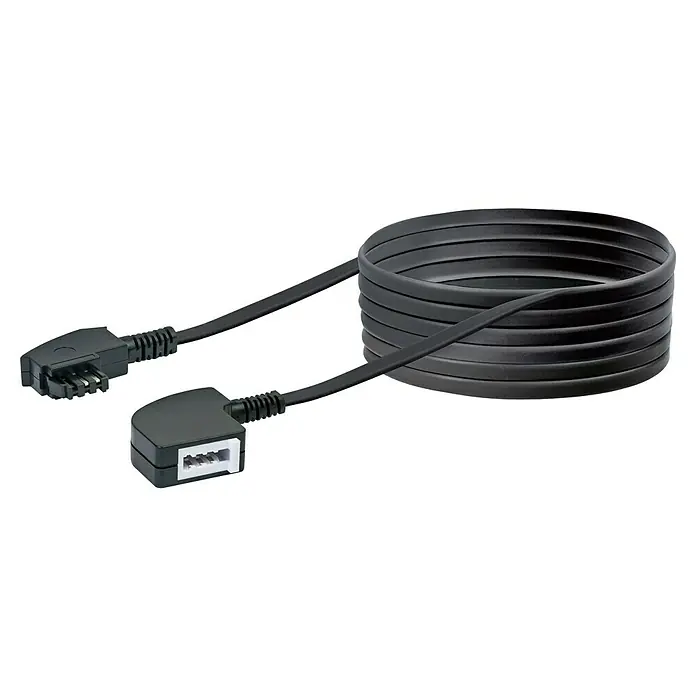 Schwaiger TAE-N-Verlängerungsleitung - 10 m, Schwarz - Das Bild zeigt ein schwarzes, flaches Telefonkabel mit zwei verschiedenen Steckern und aufgerolltem Kabel. Ein praktisches Zubehör für jeden Telefonanschluss.