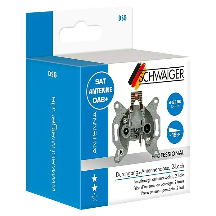 Schwaiger Antennendosen-Einsatz Durchgangsdose - 2-fach, 19 dB - Nahaufnahme der Verpackung einer Durchgangs-Antennendose von Schwaiger für SAT- und DAB+-Antennen.