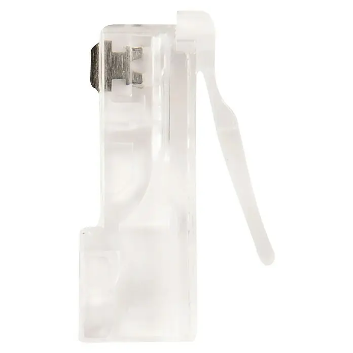 Schwaiger Netzwerk-Stecker - RJ45-Stecker, Transparent, 4 Stk. - Nahaufnahme einer transparenten Nähfußhalterung mit Metallelement. Praktisches Zubehör zum einfachen Wechseln von Nähfüßen.