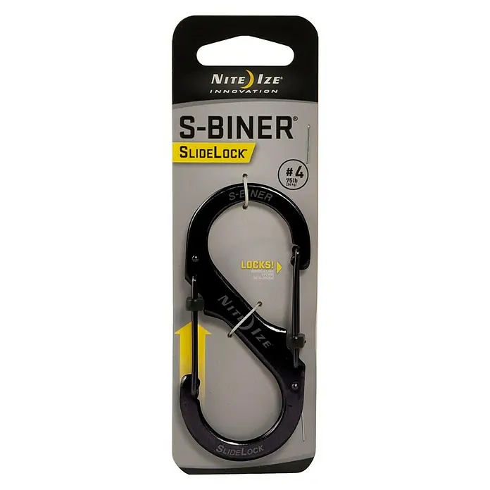 Nite Ize Doppelkarabiner Slide Lock - 89 x 38 mm, Edelstahl, Schwarz, Belastbarkeit: 33 kg - Nite Ize S-Biner SlideLock Karabiner Größe 4, sicherer Doppelkarabiner mit Schiebemechanismus für vielseitige Befestigungsmöglichkeiten.