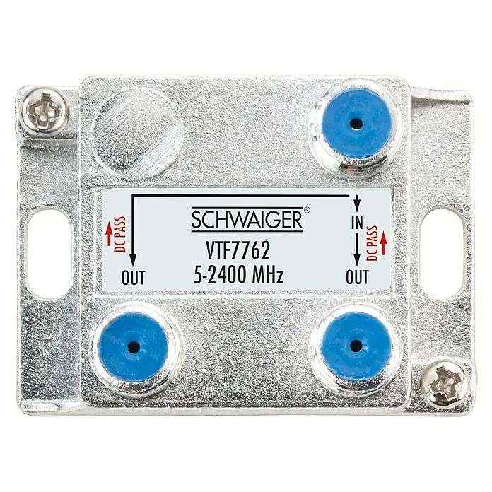 Schwaiger Verteiler - 2-fach, F-Buchse, 5 - 2.400 MHz, 4 dB - Nahaufnahme eines SCHWAIGER VTF7762 Signalverteilers, der Frequenzen von 5-2400 MHz unterstützt und über DC-Pass verfügt.