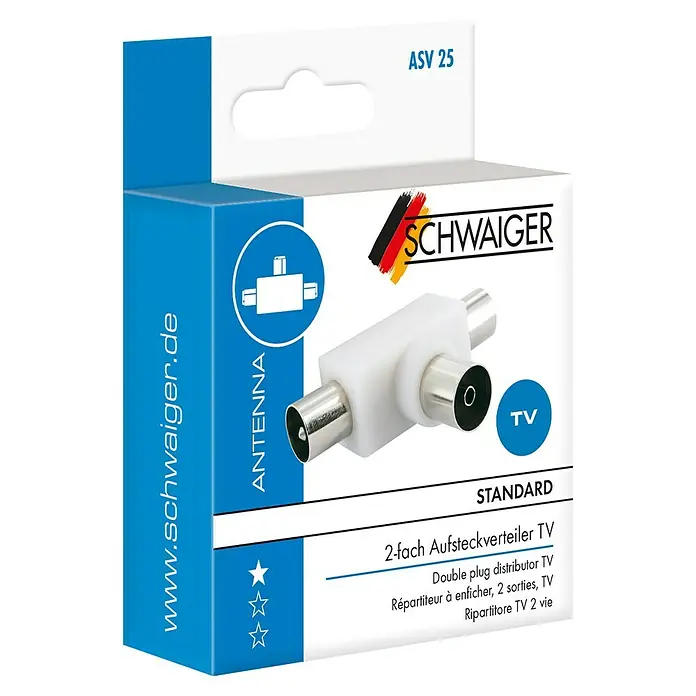 Schwaiger Aufsteckverteiler TV - 2-fach, 1 x IEC Buchse, 2 x IEC Stecker, 5 - 1.000 MHz - Produktverpackung eines Schwaiger 2-fach Aufsteckverteilers TV, Standardausführung, für Antennenanschlüsse, ideal zur Signalverteilung.